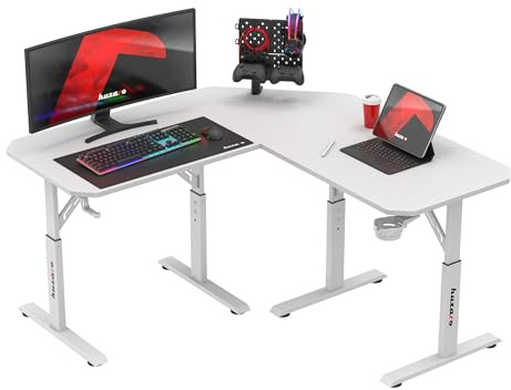 huzaro Hero 7.3, Bureau Gaming d’Angle réglable 56–79 cm, Plateau 140×80 cm Effet Carbone, Charge 100 kg, Structure Acier Stable, Supports Casque et Boisson intégrés, Blanc