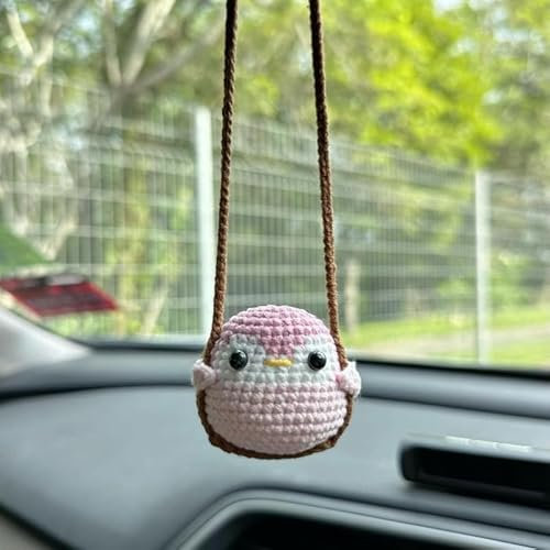 Cute Frosch Häkeln Hängen Auto Zubehör Häkeln Anhänger für Rücksichtsspiegel Handgefertigte Häkeln Tiere Auto Hängen Ornament Geschenk (Rosa Pinguin)