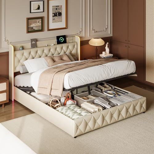 Polsterbett 140x200cm mit LED-Beleuchtung & USB-Ladeanschlus, Bettgestell mit Gepolstert Kopfteil, Stauraumbett Doppelbett mit Lattenrost und Metallrahmen, ohne Matratze (Beige+USB+LED, 140x200cm)