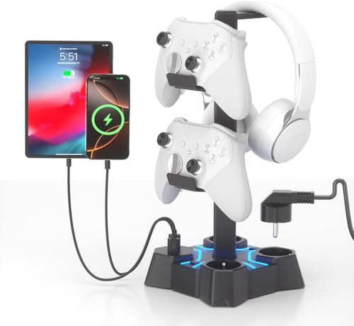 KDD Headphone Stand with USB Charger, Controller Holder & Headphone Holder for Desk, Desk Accessories (Black)