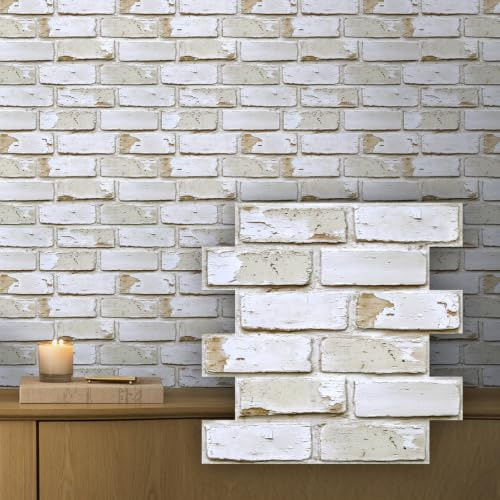 COMSTICKC 3D Wandpaneele Selbstklebend Ziegeloptik, 30 X 30 CM, 10 Stück | 3D PVC Wandverkleidung Steinoptik Wandaufkleber 3D Tapete, Wall Panel für Wohnzimmer,Schlafzimmer,Küche, Gelb und Weiß