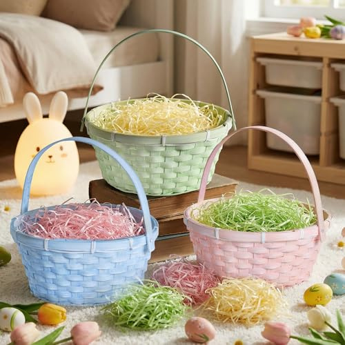 Lanpn Handgefertigte Osterkörbchen mit Henkel 3er Set aus Natur Wicker Baskets Pastellrosa Blau Grün mit Raffia perfekt für Ostereiersuche Süßigkeiten Geschenke Picknick Frühjahrsdekoration