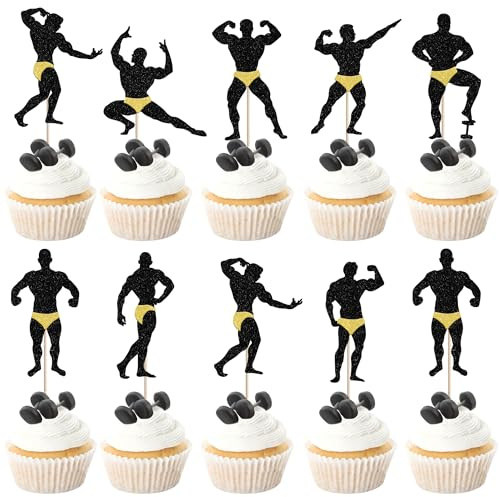 24 Packung Male Dancers Strippers Beefcake Geburtstag Tortendeko Glitter Silhouetten Cupcake Topper für Bachelorette Braut Dusche Kuchendeko für Geburtstag Schwarz