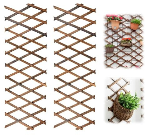 Nzkeuf Lot de 2 Treillis Extensibles pour Plantes grimpantes, 180CM x 30CM Panneau en Treillis de Bois, Cadre Décoratif Mural Suspendu pour Chambre Jardin Terrasse Intérieur Extérieur
