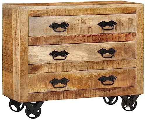 mtlskopl Massives Mangoholz Sideboard 80x30x65 cm mit 3 Schubladen & Rädern, Retro Anrichte für Küche Wohnzimmer Flur