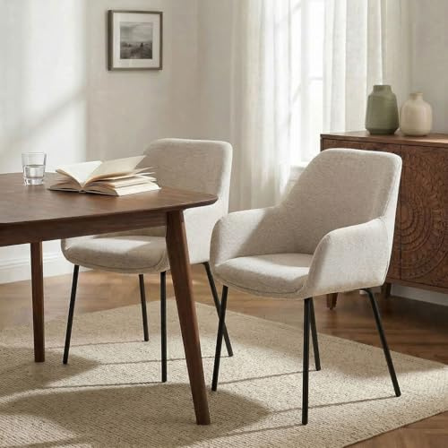 Esszimmerstühle TURSI 2er Set, Beige - Küchenstuhl mit weicher Polsterung, ergonomischer Rückenlehne und Armlehnen, stabiles Metallgestell, ideal für Küche und Essbereich [max. Belastbarkeit 140 kg]
