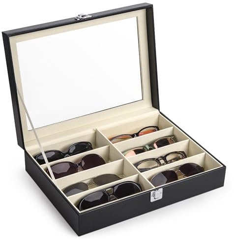 CO-Z Scatola per Occhiali da Sole in Pelle Cassettiera per Conservare e Montare Occhiali/Orologi/Gioielli/Occhiali Scatola Portaoggetti 8 Scomparti (Nero)