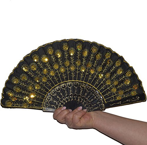 Handfächer Tanzfächer Taschenfächer Taschenfächer Stofffächer Klappfächer Deko Glitzer (Gold)