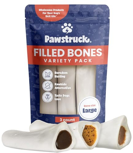 Pawstruck Large 5-6” Filled Dog Bones Variety Pack - Peanut Butter, Cheese & Bacon, Beef Flavors - Made in USA, Long Lasting Stuffed Femur Treat for Aggressive Chewers - Pack of 3, Packaging May Vary