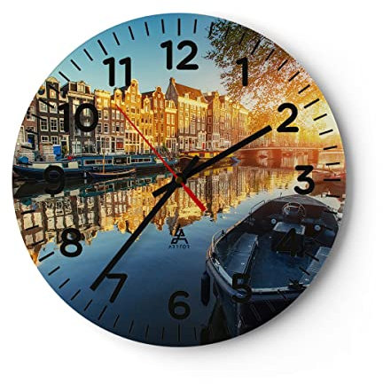 Modern Wanduhr Kanal Boot Amsterdam Wasser 40x40cm Rund Groß Wand Uhr Glas Analog Zimmeruhren Küche Büro Wohnzimmer Glasuhr Wall Clock Dekoration Design Wanddekoration Küchenuhr C4AR40x40-2857