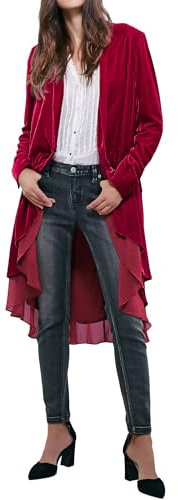 R.Vivimos Autunno Inverno Donne Velluto Ruffle Cappotto Casual Vintage Giacca Lunga Collarless Classico Swallowtail Hem Blazer(XL,Vino Rosso)