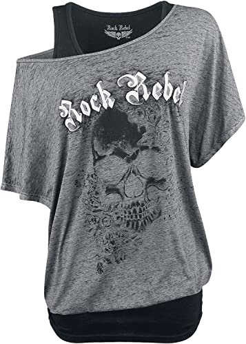 Rock Rebel by EMP Damen graues lockeres T-Shirt im Double-Layer-Look L