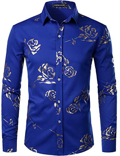 PARKLEES Mens Hipster Gold Rose Printed Slim Fit Long Sleeve Dress Shirts/Prom Performing Shirts PZ56 Blue L