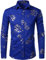 PARKLEES Mens Hipster Gold Rose Printed Slim Fit Long Sleeve Dress Shirts/Prom Performing Shirts PZ56 Blue L