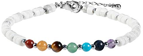 KYEYGWO Weiße Howlite Türkis 7 Chakren Stein Perlenarmband für Damen, Verstellbares Kristall Armband Flache Perlen Armbänder Yoga-Armband Edelstein Schmuck für Meditation Energietherapie