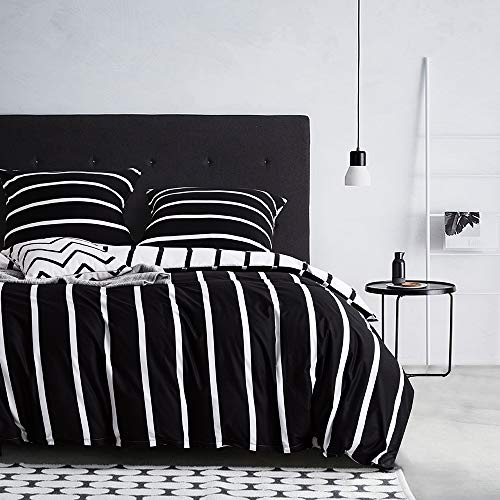 DXHOME Bettwäsche Gestreift 200x200 cm 3teilig Schwarz Weiß Geometrisch Bettbezug Set Microfaser Wendebettwäsche mit Streifen Muster Modern Deckenbezug Bettwaesche Jugendliche Teenager Jungen