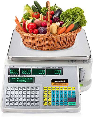 Bonvoisin Kommerzielle Ticket-Waage mit Etiketten- und Quittungsdrucker, Dual-Display, hinten, 40 Tasten, für Supermärkte / Einzelhandelsgeschäfte / Lager (30 kg)