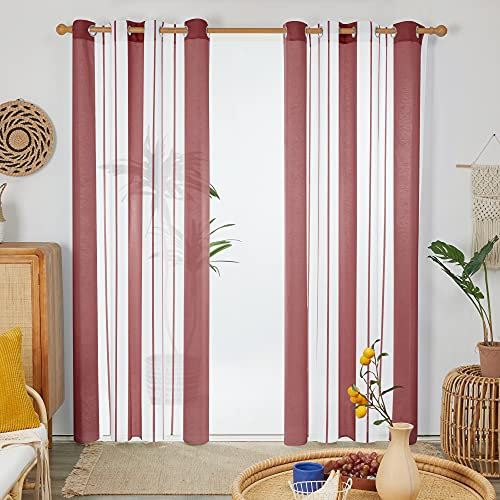 Deconovo Voile Vorhänge mit Ösen, Vorhangschal Transparent Boho Streifenmuster, Fensterschal Schlafzimmer in Leinenoptik, 270x140 cm(HöhexBreite), Rot, 2er Set
