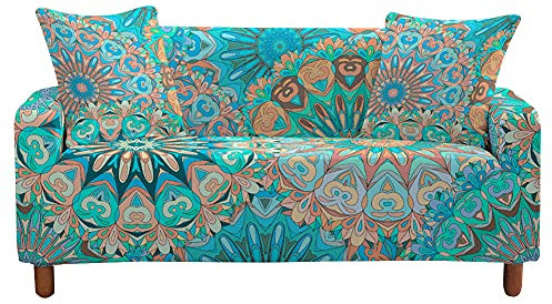 Highdi Sofabezug Sofaüberwürfe für 1/2/3/4 Sitzer, Mandala Armlehnen Sofa Cover Elastisch Spandex Stretch Antirutsch Sofa Cover Sofahusse Couchbezug Möbelschutz (Grüner See,3 Sitzer)
