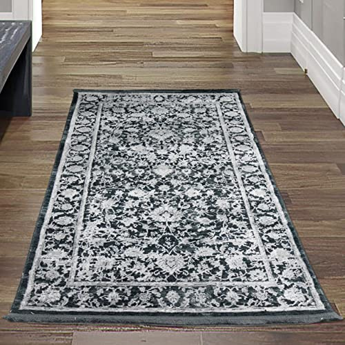 Teppich-Traum Moderner Teppich Wohnzimmer orientalisches Blumendesign in Grau auf schwarzem Hintergrund, 80x150 cm