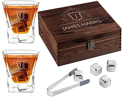 Maverton Whisky Stones and 2 Engraved Glasses - Set of 8 Stones & 250ml Whisky Glasses - Birthday Gift for Men - Gift idea for Gentleman - Success