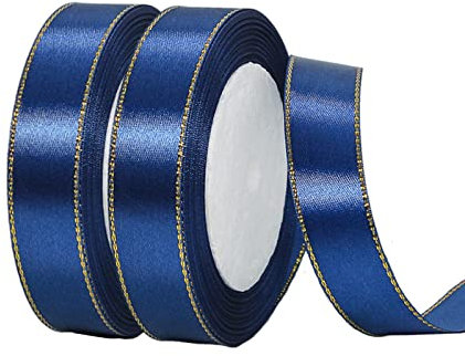 2Rolls 20mmx22m Navy Blue Ribbon with Gold Rim,Christmas Double Sided Satin Ribbon Roll for Crafts DIY,Christmas Ribbon for Gift Wapping,Crafting Xmas Tree Cake Wreath Bow Wedding Decoration