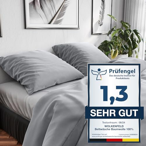 Wolkenfeld Neue Qualität Bettwäsche 135x200 Baumwolle Hellgrau - Atmungsaktiv - Renforcé Bettwäsche-Set mit 1x Bettbezug 135 x 200 + 1x Kissenbezug 80x80 - Light Grey