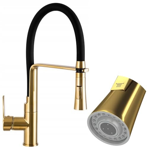 Granitan VEGAS Mischbatterie Küche - Küchenarmaturen aus Messig mit Brause Schwenkbarer - Ausziehbar ⌀35mm - Wasserhahn mit Schlauch mit Zwei Sprühfunktionen - Gold