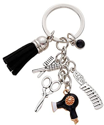 Meimimix Schlüsselanhänger mit Kamm, Schere, für Friseure, Friseure, Geschenk, Kosmetologie, Quaste, Schmuck, Silber, normal