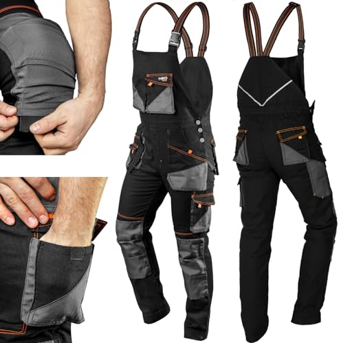 NEO TOOLS HD Slim Work Trousers, Pockets, 60% Cotton, Body-Close, Profiled Knee, Triple Stitching, Removable Leg Openings, Leg Extension, Elastic Waistband, Reflective (XL)