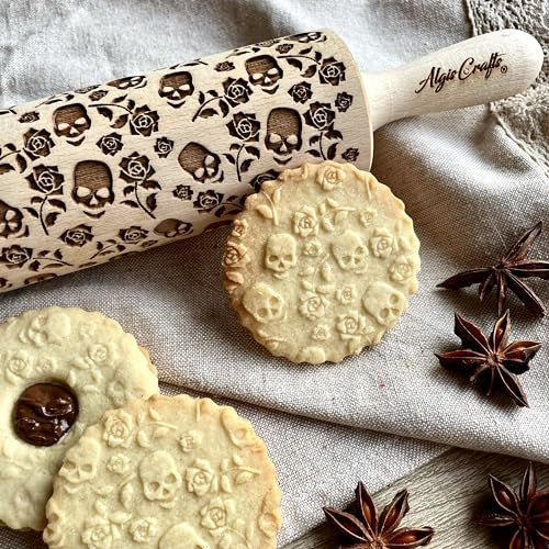 TOTENKOPF mit ROSEN Geprägte Nudelholz. Teigrolle mit Schädel un Blumen. Kekse. Präge Teigrolle. Halloween. Gravierte Nudelholz mit Muster von Algis Crafts