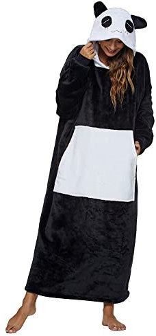 Luojida Coperta con Maniche Plaid Divano con Tasca Felpa Donna con Cappuccio Coperta Indossabile Pile Morbide Calde Flanella Fodera Gigante Divertente Pigiama Donna Invernale(Taglia unica,Panda)