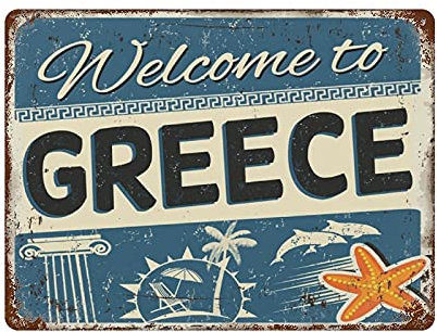 QQIAEJIA Welcome Greece Vintage Metal Plaque Tin Great Aluminium Sign Wall Decor Poster 11.8x15.7
