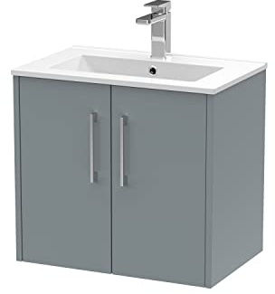 Hudson Reed JNU2323B Juno Modern Bathroom Wall Hung 2-Door Vanity with Minimalist Ceramic Basin, 600mm, Matt Coastal Grey