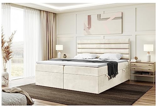 MEBLINI Boxspringbett mit Bettkasten - Gepolstert Doppelbett mit Matratze und Topper - Polsterbett mit Stauraum - Bett mit Kopfteil - Stauraumbett - Karim - 140x200 - H4/Creme Samt