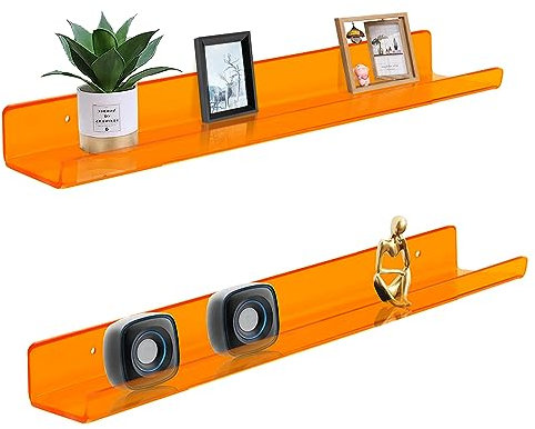 ROYALITA 61 cm Acryl schwebende Bücherregale Wandmontage 2er Set Wandbehang Pflanze Display Regale Raumdekor Schwebende Wandregale für Spielzimmer, Schlafzimmer, Wohnzimmer, Büro, Orange
