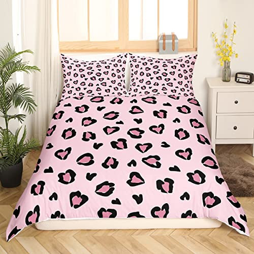 Housse de Couette Léopard Rose 200x200 Ensemble de Literie Imprimé Guépard pour Enfants Filles Parure de Lit Kawaii Pastel Housse Couette Imprimé Animal des Bois Microfibre Toutes Saisons 3 Pièces