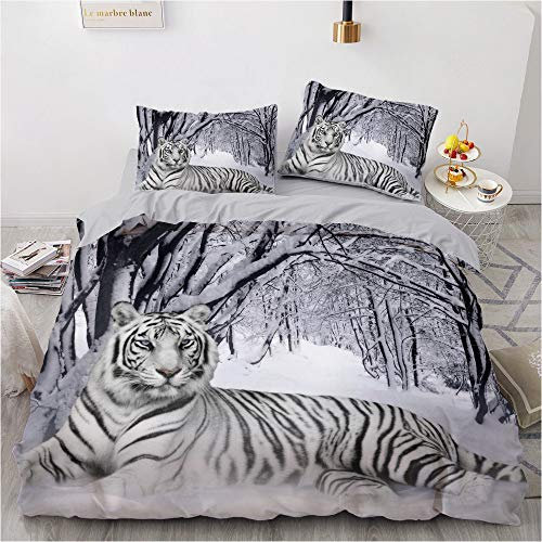 YASMENG Bettwäsche 155x220 3teilig Tiger Motiv Thema Schnee Weiß 3D Bettbezug Set Weich Komfort Mikrofaser Bettwäsche für Geschenke Zimmer Deko mit Reißverschluss und 80x80 cm Kissenbezug