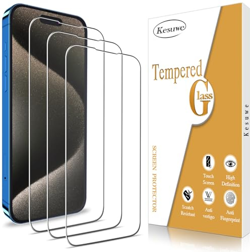 Kesuwe [3 Pack] Screen Protector for iPhone 15 Pro Max Tempered Glass | Anti-Scratch, Anti-Shatter, 9H Hardness, Ultra Resistant, Case-Friendly, HD Clear, Bubble Free, Easy Installation