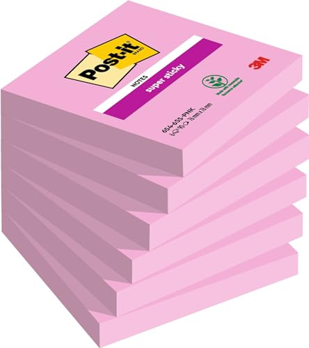 Post-it Super Sticky Notes, 6 Pads (540 Sheets), 76 mm x 76 mm, Pink