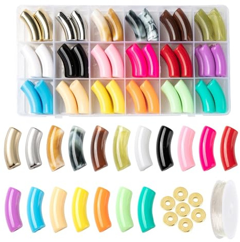 Craftdady 92pcs Chunky Curved Tube Beads Stretch Bracelet Making Kit Acrylic Beads Golden Flat Round Spacers Elastic Cord for Jewelry Making