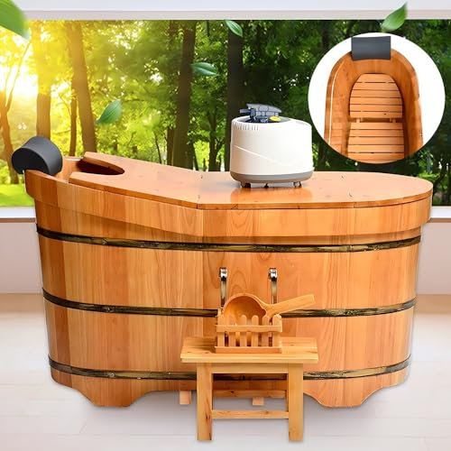 WPPTNSFY Fumigación Barril de Madera, Bañera Sauna Barril Madera, Bañera Baño con Tapa Taburete Interior Extraíble y Diseño de Respaldo Aro de Cubo Espesor de la Hoja 2.5 CM (1-1.6M)