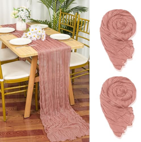 2 Stück Seihtuch Tischläufer Dunkle Rose,90 x 300 cm Dunkles Rouge Rustikaler Gaze Stoff Boho Käsetuch Cheesecloth Tischläufer Hochzeit Tischdecke für Hochzeitsfeier Brautparty Tischdekoration