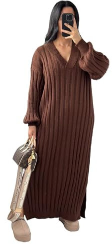 janisramone® Womens Rib Knitted Dress, Long Balloon Sleeve V Neck Maxi Dress, Warm Side Split Dress, Winter Maxi Dresses for Women UK, Casual Long Knitted Jumper Dresses Brown