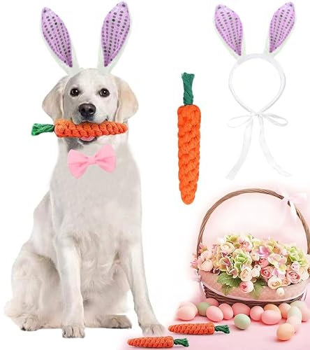 CEASELESLY Osterhunde-Stirnbänder,Hund Osterhase Kostüm,Karotte Haarband,Puppy Karotte Seil Spielzeug Geflochtene,Verstellbar Haustier Ostern Party Kostüm Zubehör für Hund Katze Welpen