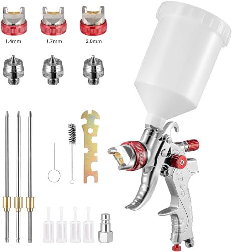 Rouwthio Paint Spray Gun HVLP Gravity Feed - Car, Furniture Repair & Color Spray Gun - Mini Manual with 1.4MM, 1.7MM, 2.0MM Nozzles & 600CC Cup