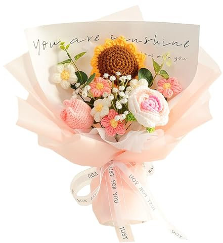 Harilla Completed Crochet Flowers Bouquet Artificial Flowers Knitted Rose Daisy Birthday Valentines DIY Home Decor Knitting Gift for Mother for Her,Pink B-35cmx35cm