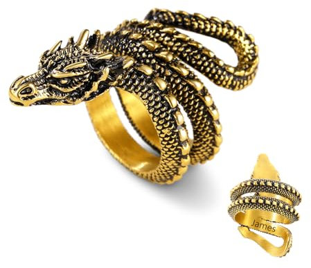 U7 Herren Verlobungsring Edelstahl Wikinger Drache Ring mit Gravur Text Vintage Lóng Ring Gold Fingerrring Hip Hop Bandring Biker 18k vergoldet Siegelring Accessoire Personalisiert Schmuck für Vater