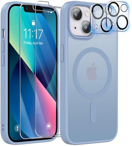 YisrLery Magnetica Cover iPhone 13 con 2 Vetro Temperato e 2 Vetro Fotocamera, Compatibile Mag Safe Hard PC Anti-Graffio Protettiva Case Antiurto Custodia con Bumper TPU (Blu)