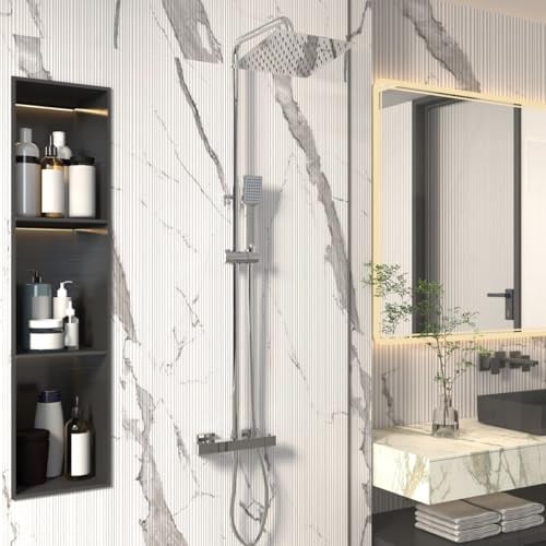 GY Bath 38°C Thermostatic Shower Mixer Set Chrome with 8 Square Rotating Rainfall Shower Head, 1.5m Anti-Tangle Shower Hose, Adjustable Shower Rail